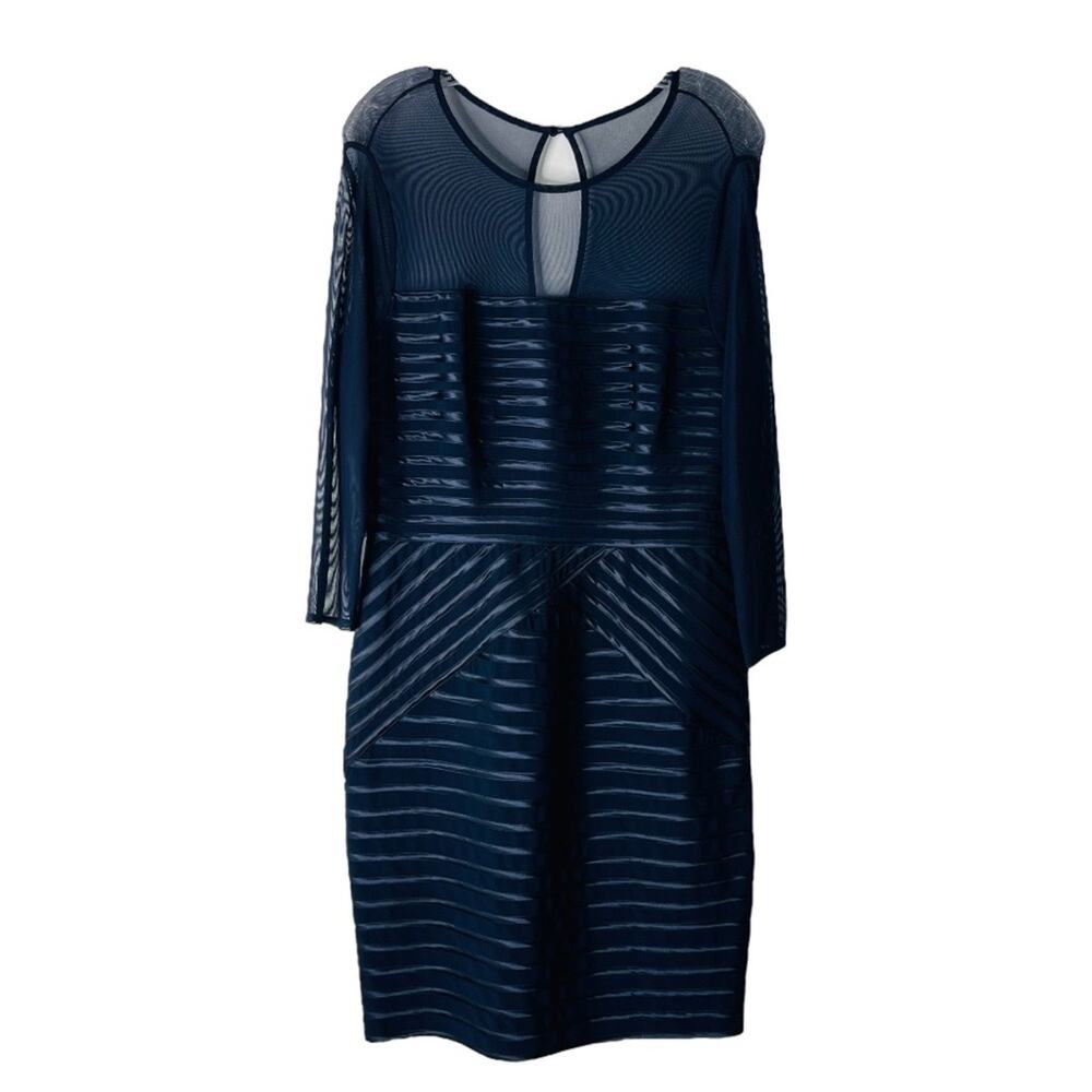 Adrianna Papell navy blue striped satin mesh evening wedding midi dress 10